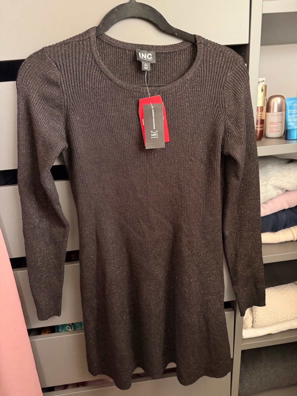 INC International Concepts Metallic Black Long-Sleeve Knit Dress